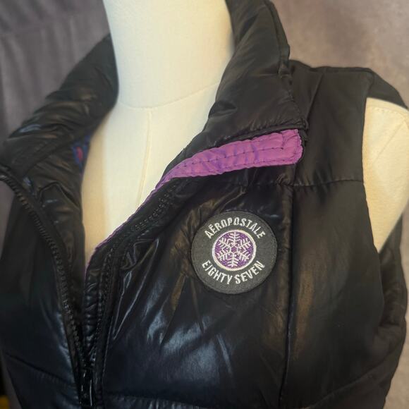 Aeropostale Women’s Medium Black Puffer Vest Purple  Pink Blue Leopard Lining - Picture 13 of 15